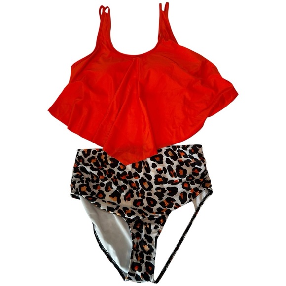 Orange‎ and Leopard Flowy Tankini Swimsuit  Sz 1XL - Picture 1 of 6
